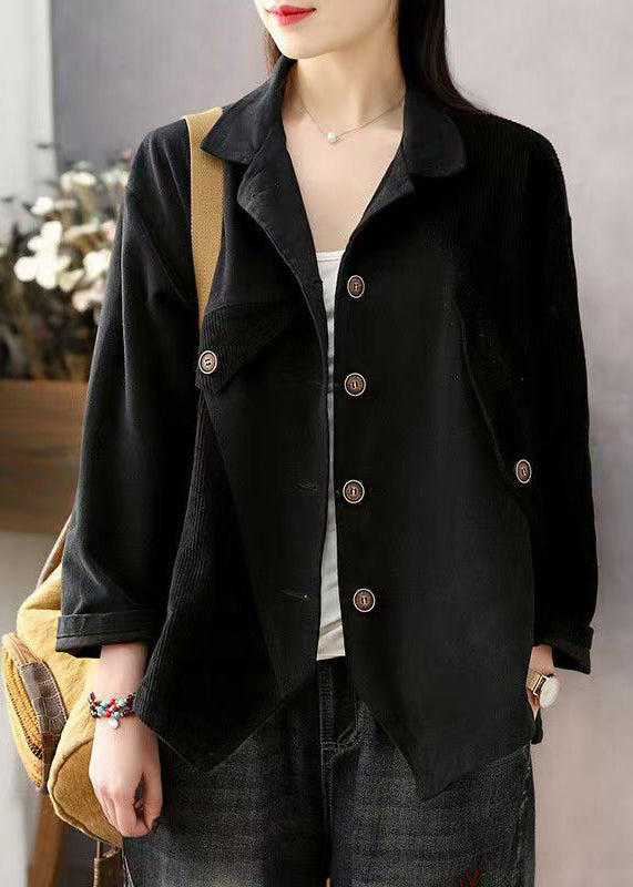 Loose Brown Peter Pan Collar Button Patchwork Corduroy Coats Spring