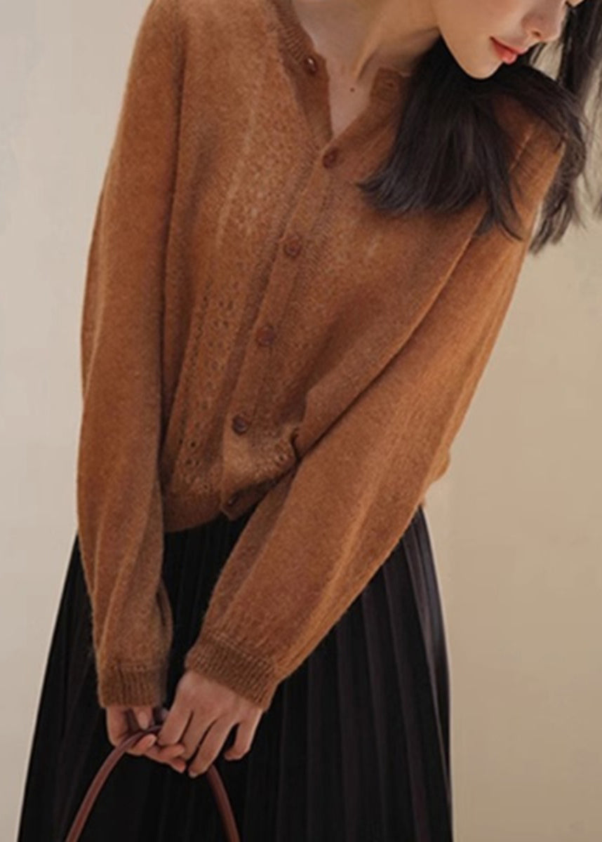 Loose Caramel Button Hollow Out Knit Sweater Spring