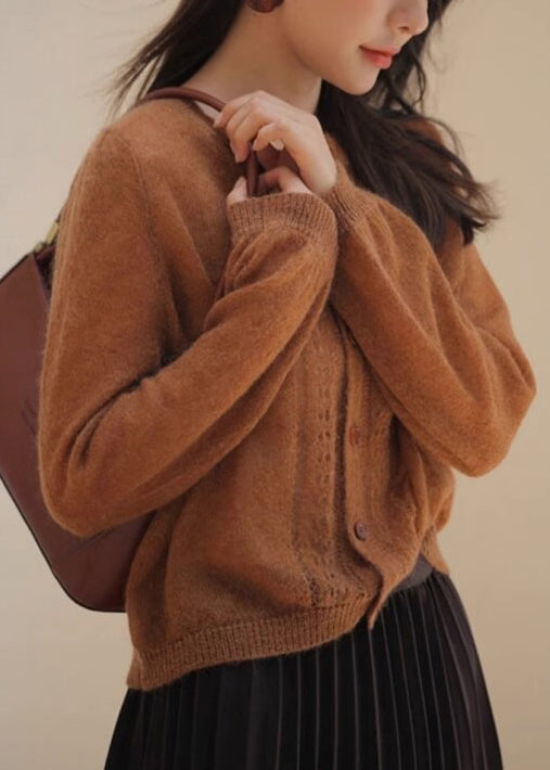 Loose Caramel Button Hollow Out Knit Sweater Spring