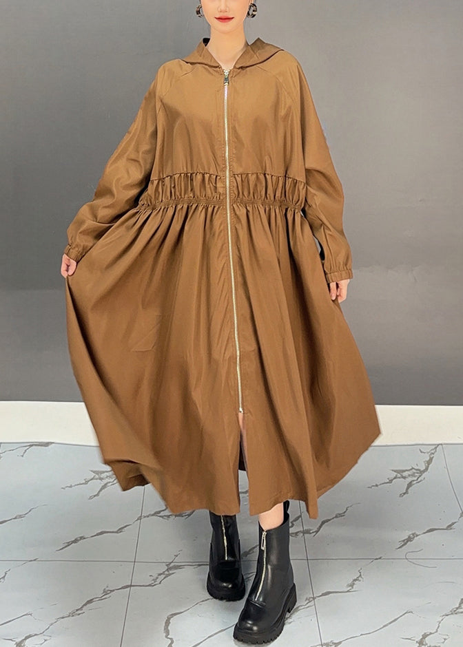 Loose Chocolate Cinched Zippered Pockets Hooded Long Trench Coat Spring