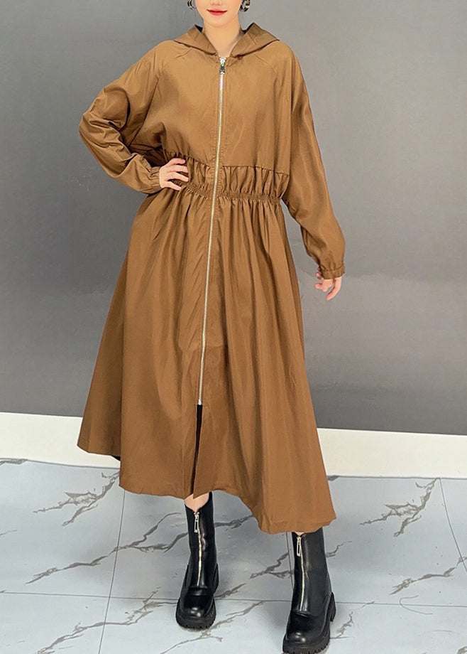 Loose Chocolate Cinched Zippered Pockets Hooded Long Trench Coat Spring