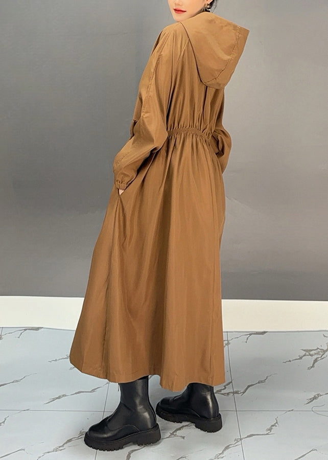 Loose Chocolate Cinched Zippered Pockets Hooded Long Trench Coat Spring