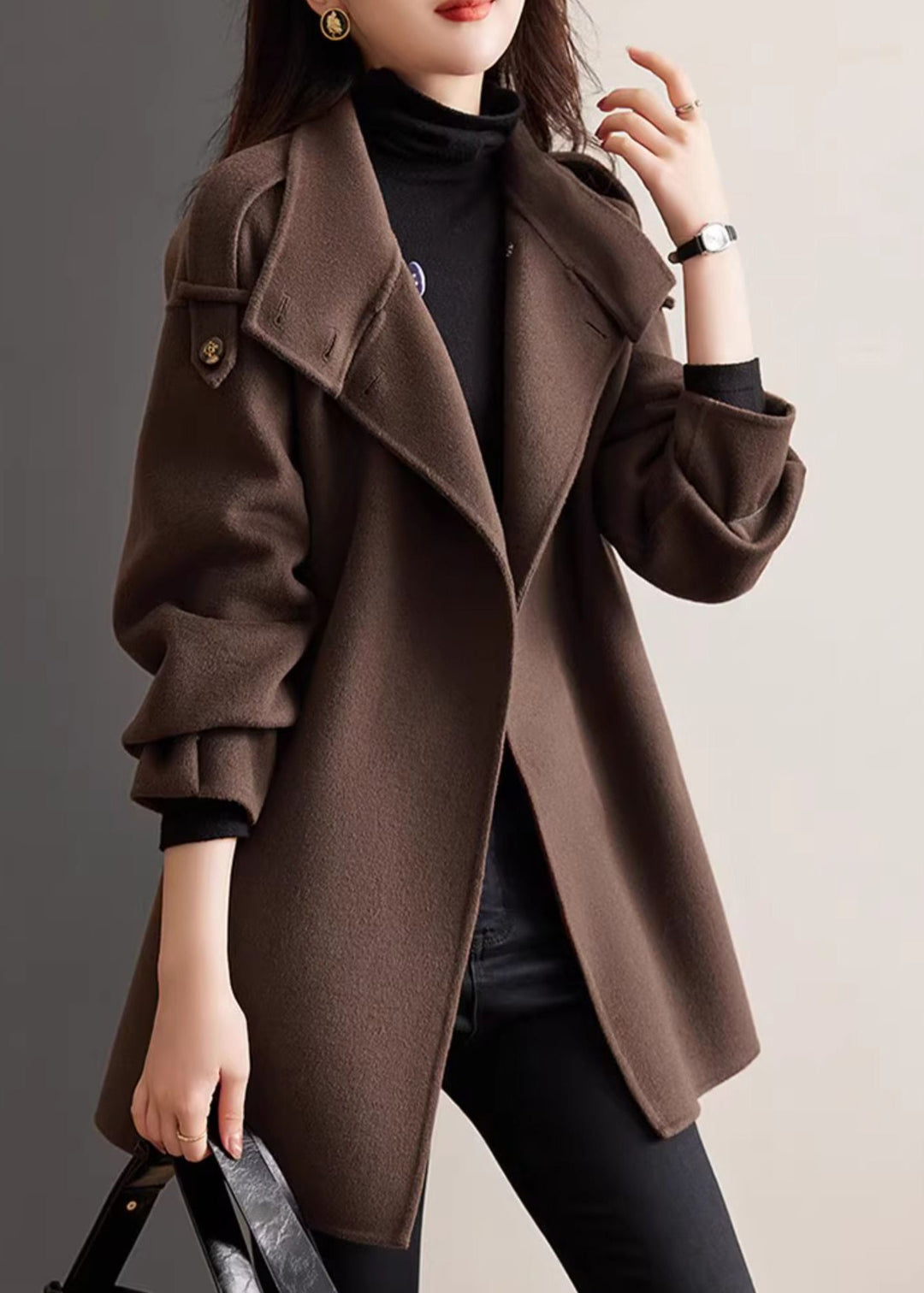 Loose Chocolate Stand Collar Button Woolen Coats Spring