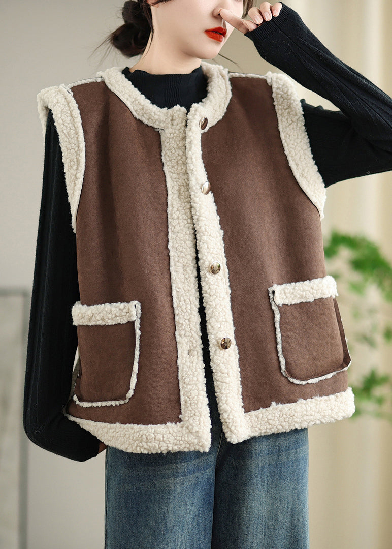 Loose Coffee Button Pockets Patchwork Teddy Faux Fur Waistcoat Sleeveless