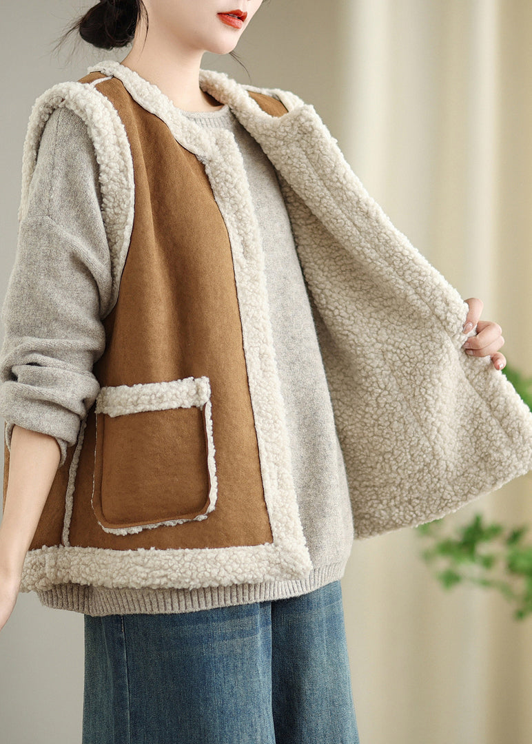 Loose Coffee Button Pockets Patchwork Teddy Faux Fur Waistcoat Sleeveless