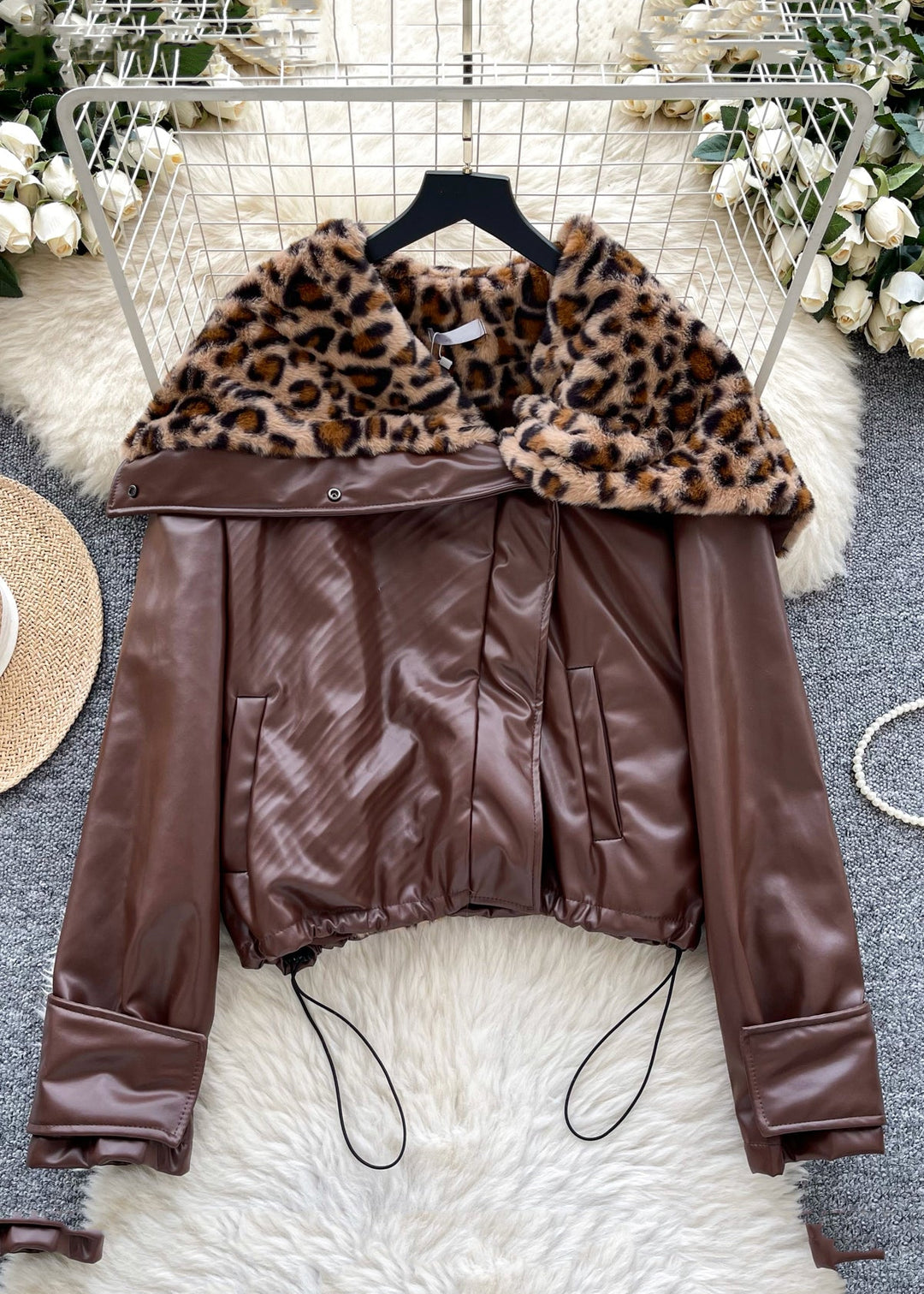 Loose Coffee Drawstring Patchwork Faux Leather Jacket Winter