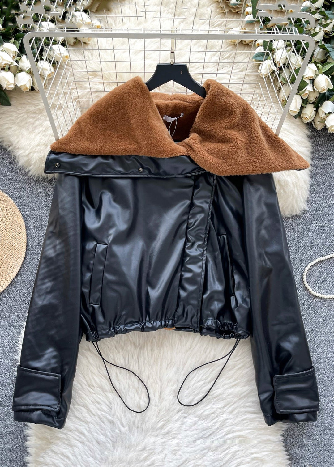 Loose Coffee Drawstring Patchwork Faux Leather Jacket Winter