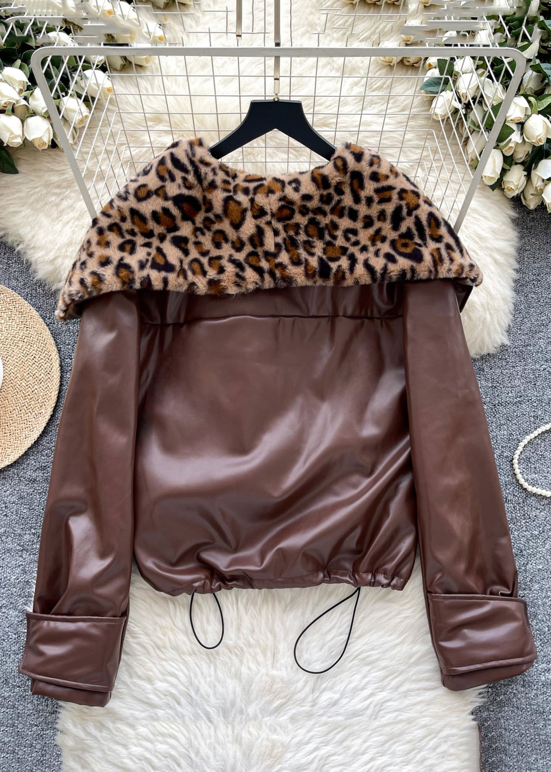 Loose Coffee Drawstring Patchwork Faux Leather Jacket Winter