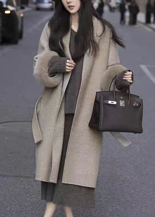 Loose Coffee Fur Collar Tie Waist Pockets Woolen Coat Spring