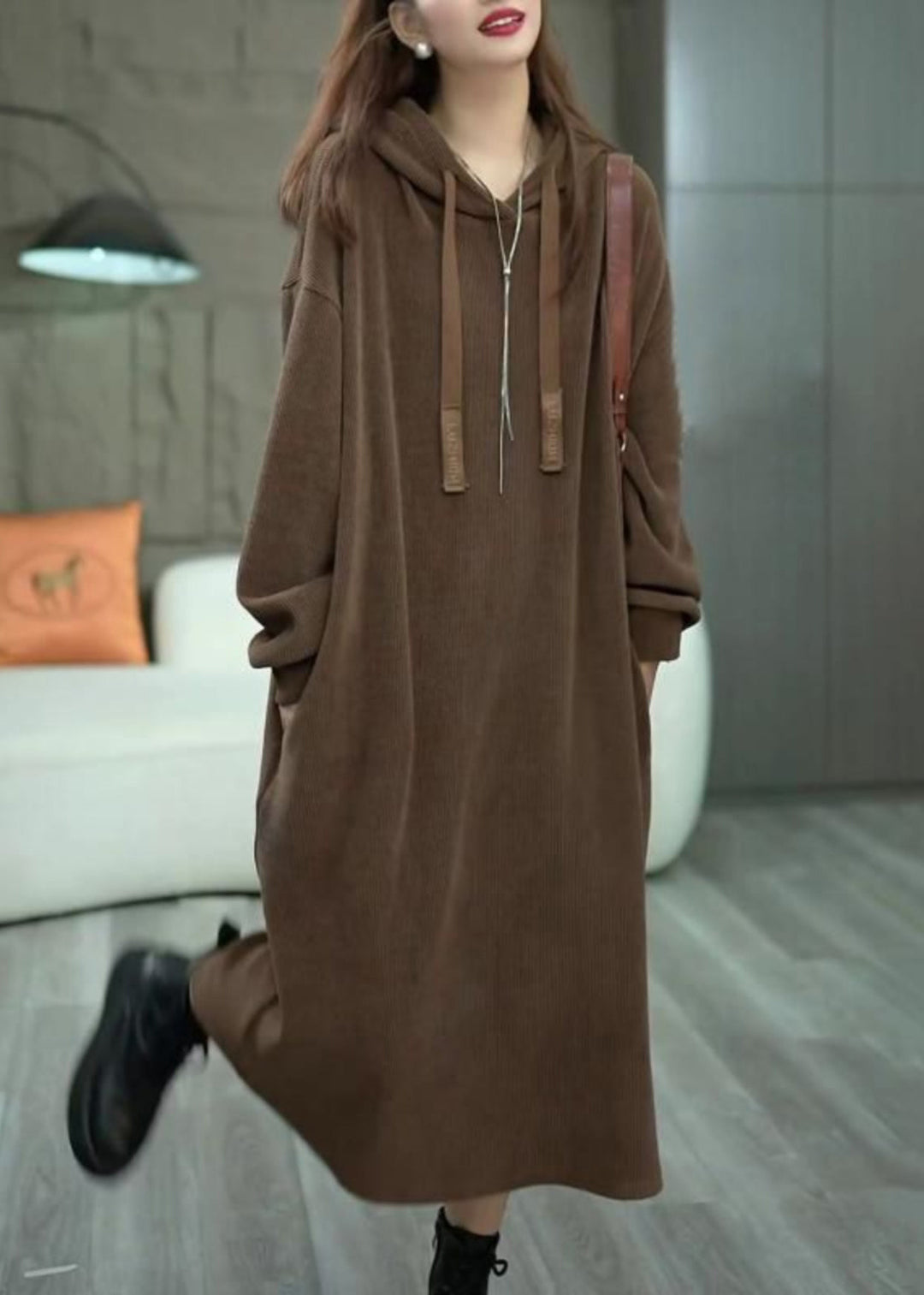 Loose Coffee Hooded Pockets Solid Long Dress Winter