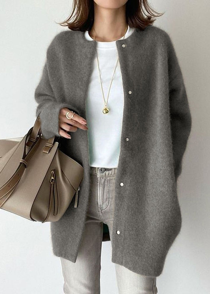 Loose Coffee O Neck Button Solid Woolen Coat Spring