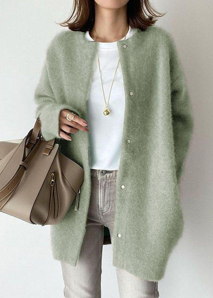 Loose Coffee O Neck Button Solid Woolen Coat Spring