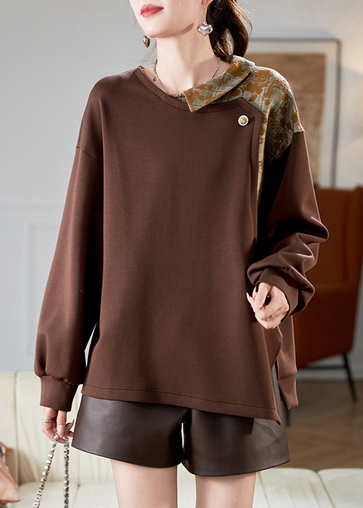 Loose Coffee O-Neck Print Side Open Sweatshirts Spring