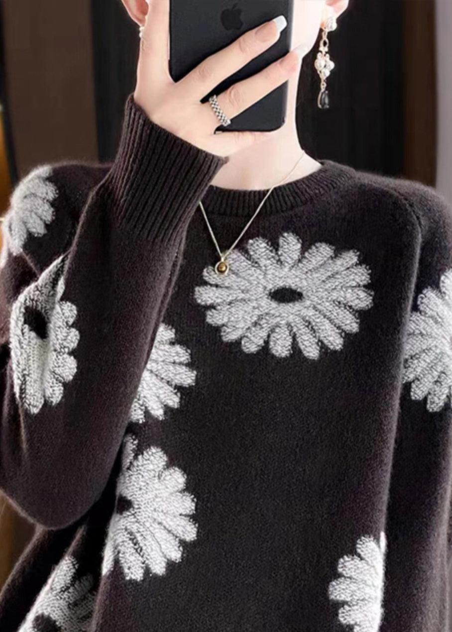 Loose Coffee O-Neck Print Wool Knit Sweaters Fall