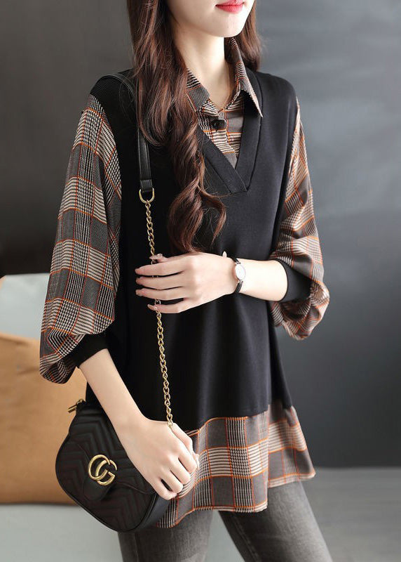 Loose Coffee Peter Pan Collar Plaid Fake Two Pieces Shirt Spring