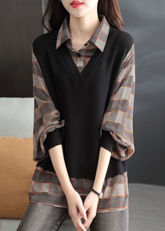 Loose Coffee Peter Pan Collar Plaid Fake Two Pieces Shirt Spring