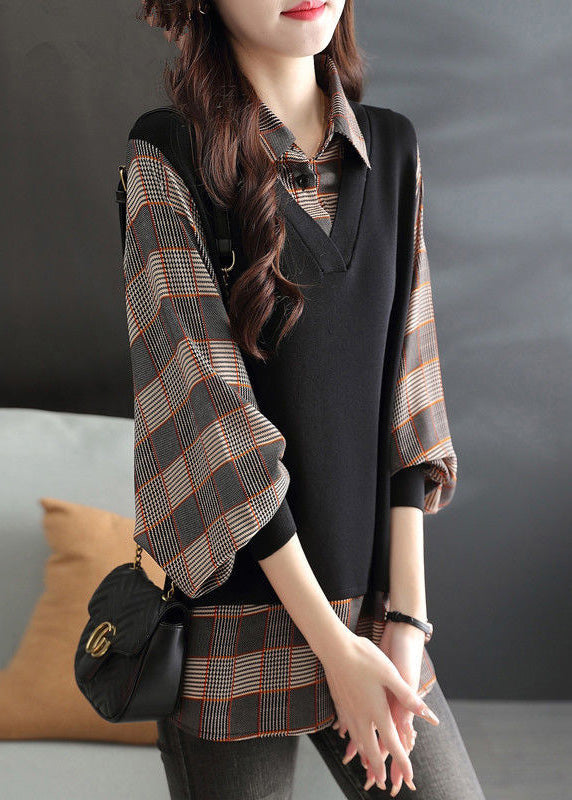 Loose Coffee Peter Pan Collar Plaid Fake Two Pieces Shirt Spring