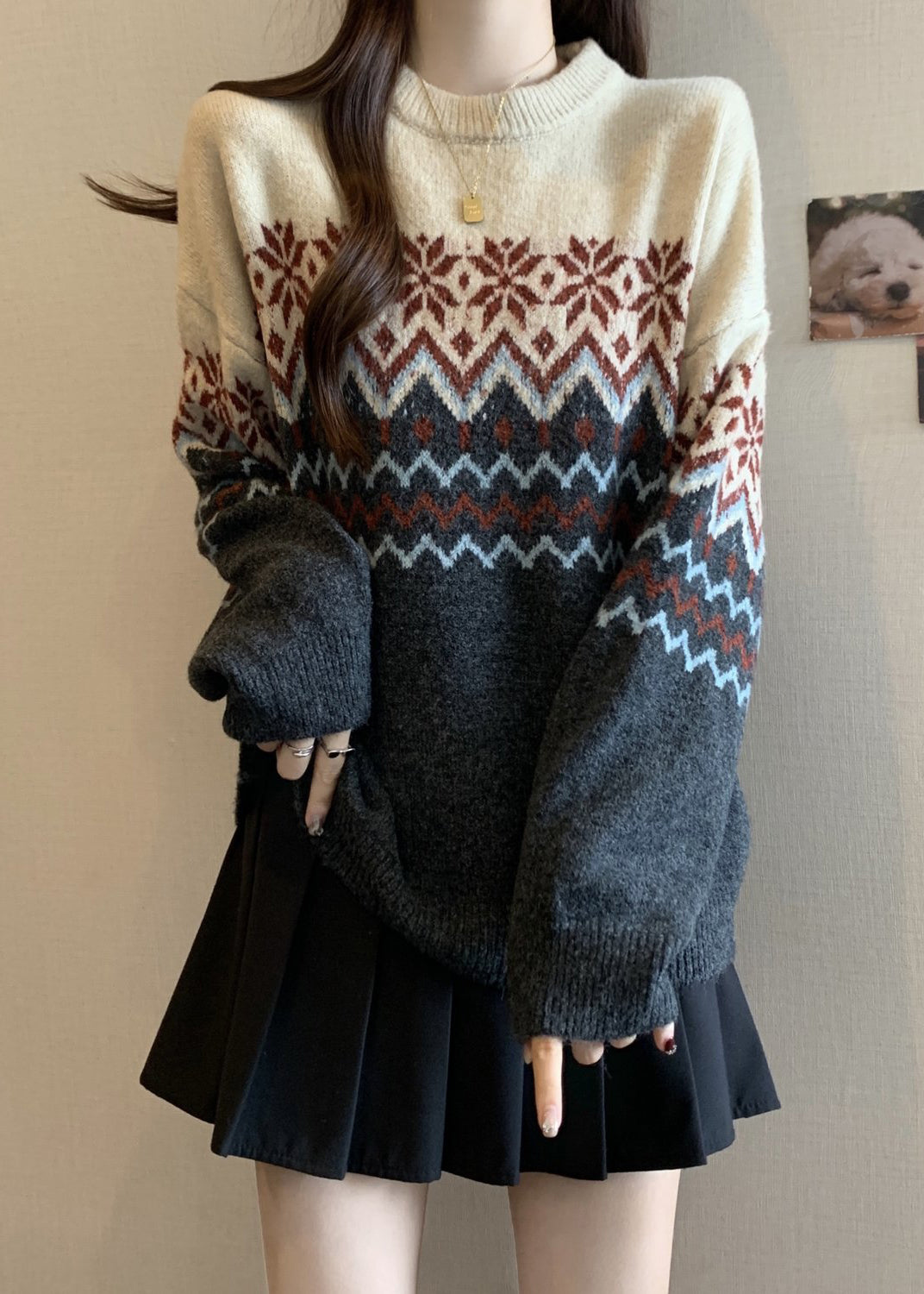 Loose Colorblock O Neck Jacquard Thick Knit Sweater Winter