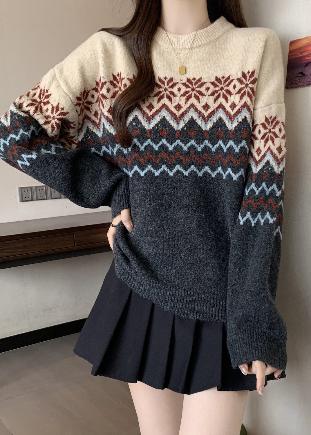 Loose Colorblock O Neck Jacquard Thick Knit Sweater Winter