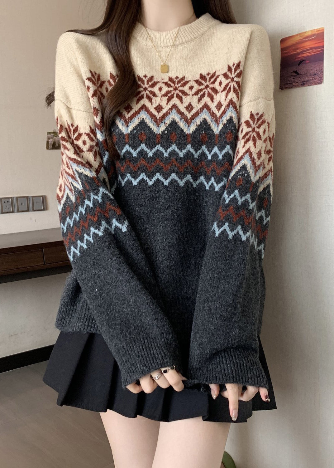 Loose Colorblock O Neck Jacquard Thick Knit Sweater Winter