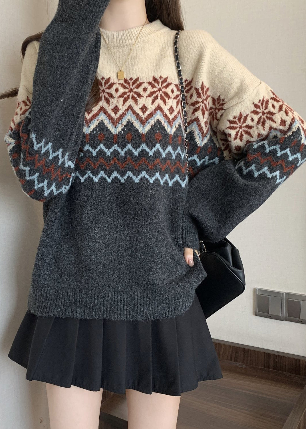 Loose Colorblock O Neck Jacquard Thick Knit Sweater Winter