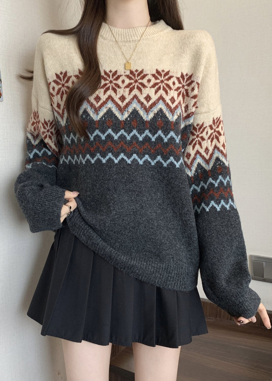 Loose Colorblock O Neck Jacquard Thick Knit Sweater Winter