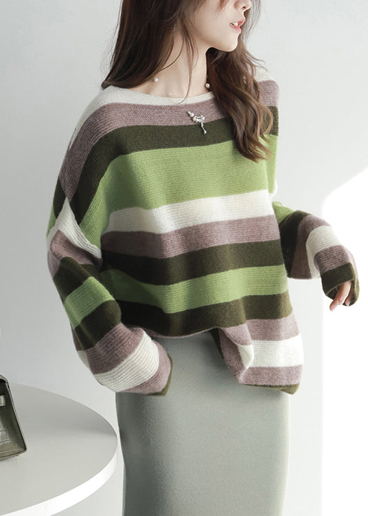 Loose Colorblock Slash Neck Striped Knit Sweater Spring