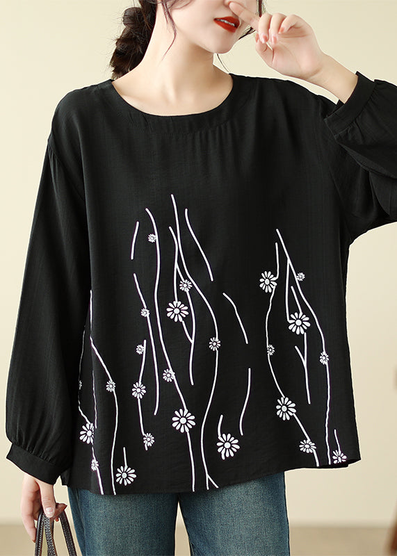 Loose Cyan O-Neck Print Tops Long Sleeve