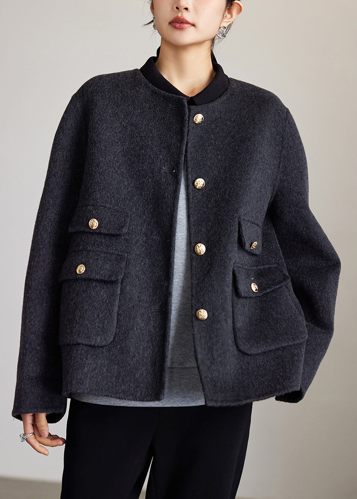 Loose Dark Gray O Neck Button Woolen Coats Spring