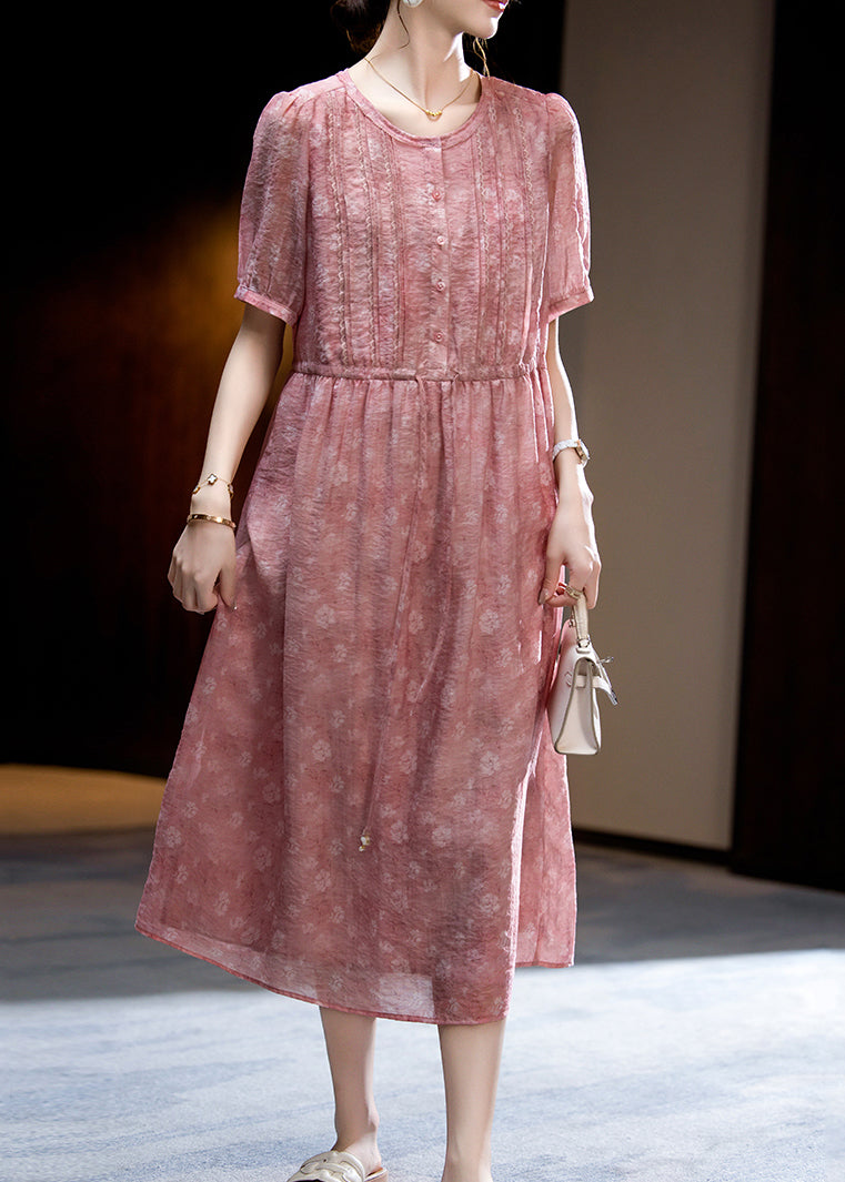 Loose Dark Pink O-Neck Print Wrinkled Silk Long Dress Short Sleeve