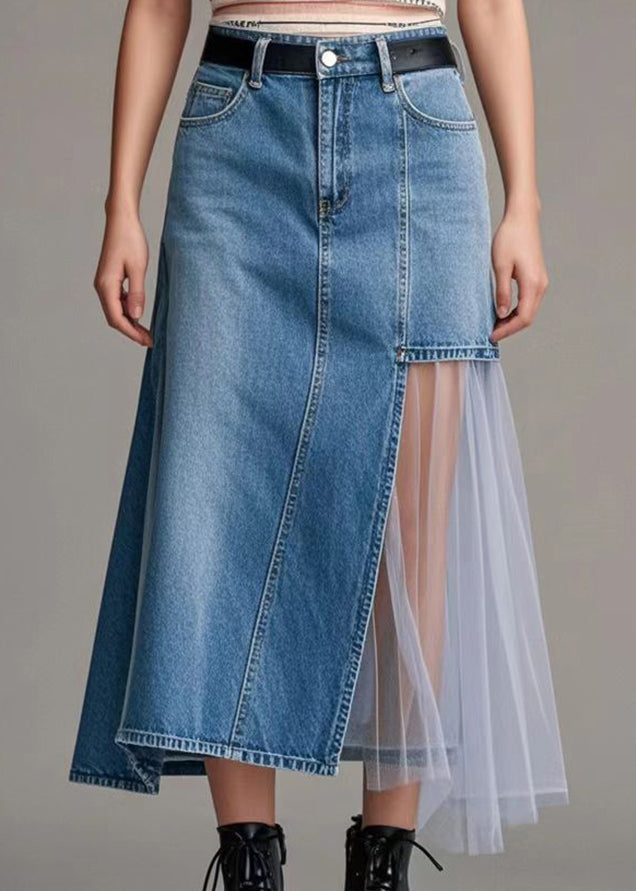 Loose Denim Blue Asymmetrical Patchwork Tulle Holiday Skirt Spring