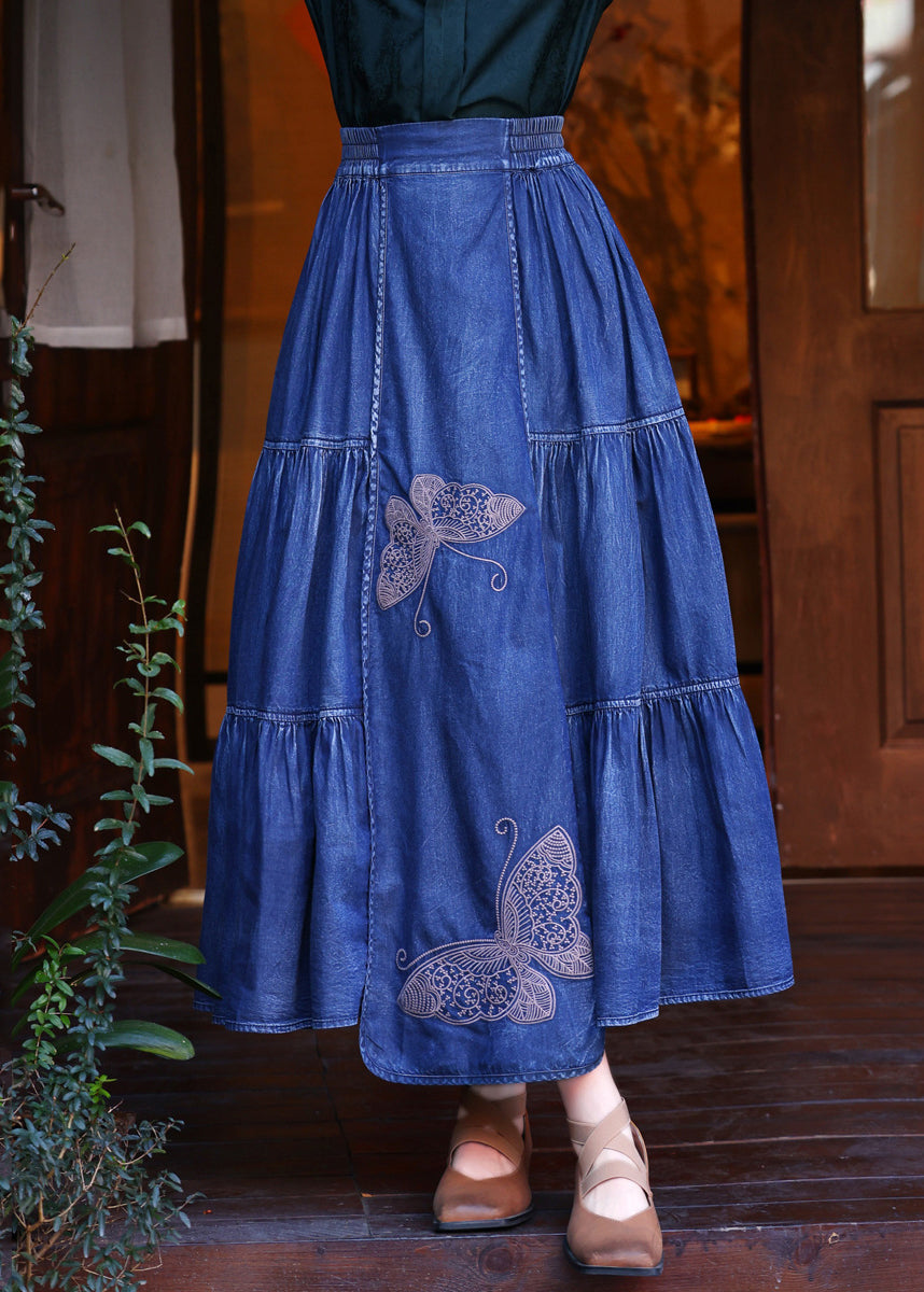 Loose Denim Navy Butterfly Embroidered Elastic Waist Maxi Skirts Summer