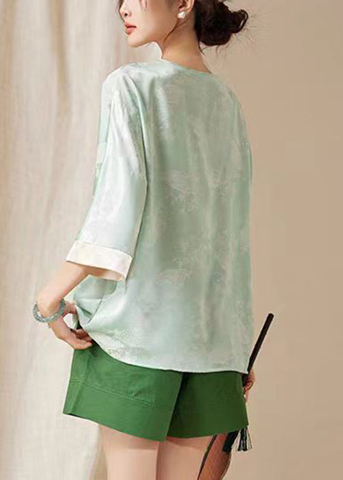 Loose Green Button Print Silk Shirt Bracelet Sleeve