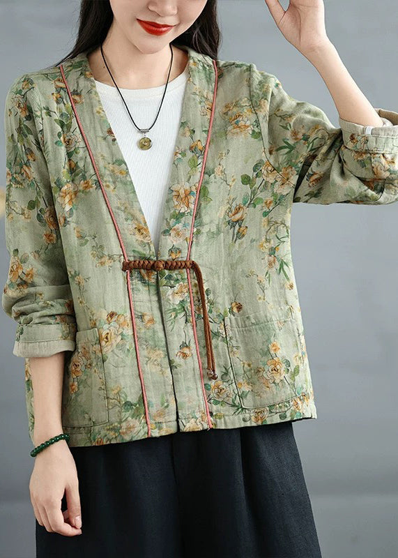 Loose Green Chinese Button Print Cotton Coat Fall