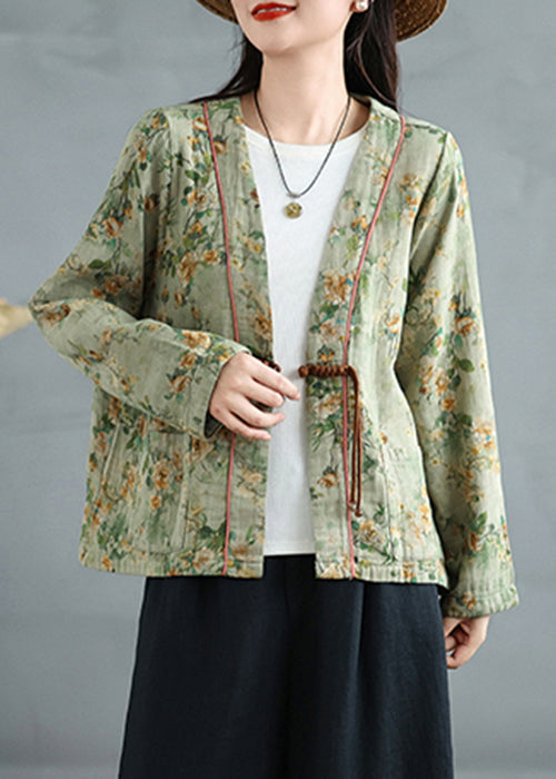 Loose Green Chinese Button Print Cotton Coat Fall