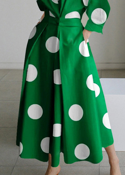 Loose Green Dot Button Pockets Cotton Shirts Dress Spring