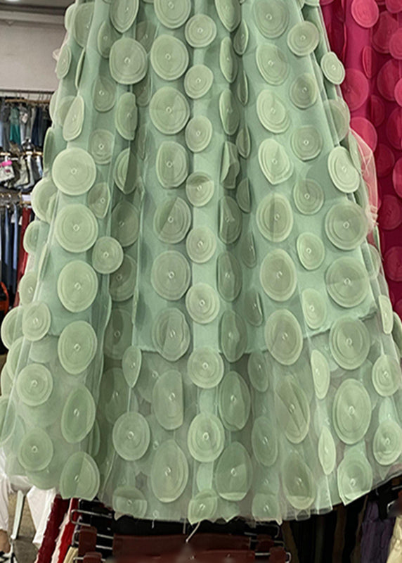 Loose Green Floral Elastic Waist Tulle A Line Skirts Spring