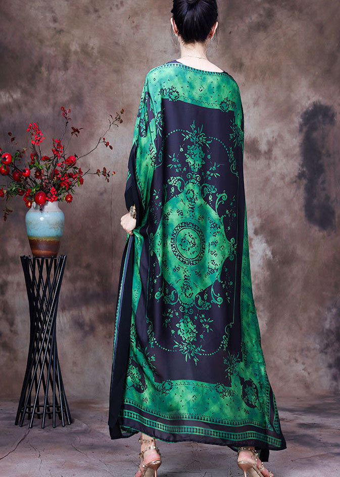 Loose Blue Flower O-Neck Asymmetrical Design Print Silk Beach Dress Gown Batwing Sleeve