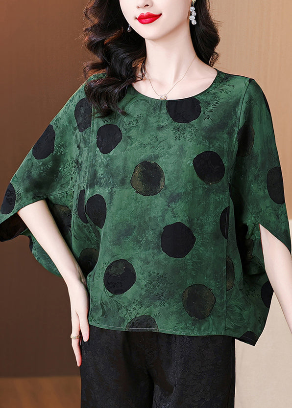 Loose Green O Neck Print Silk Shirts Batwing Sleeve