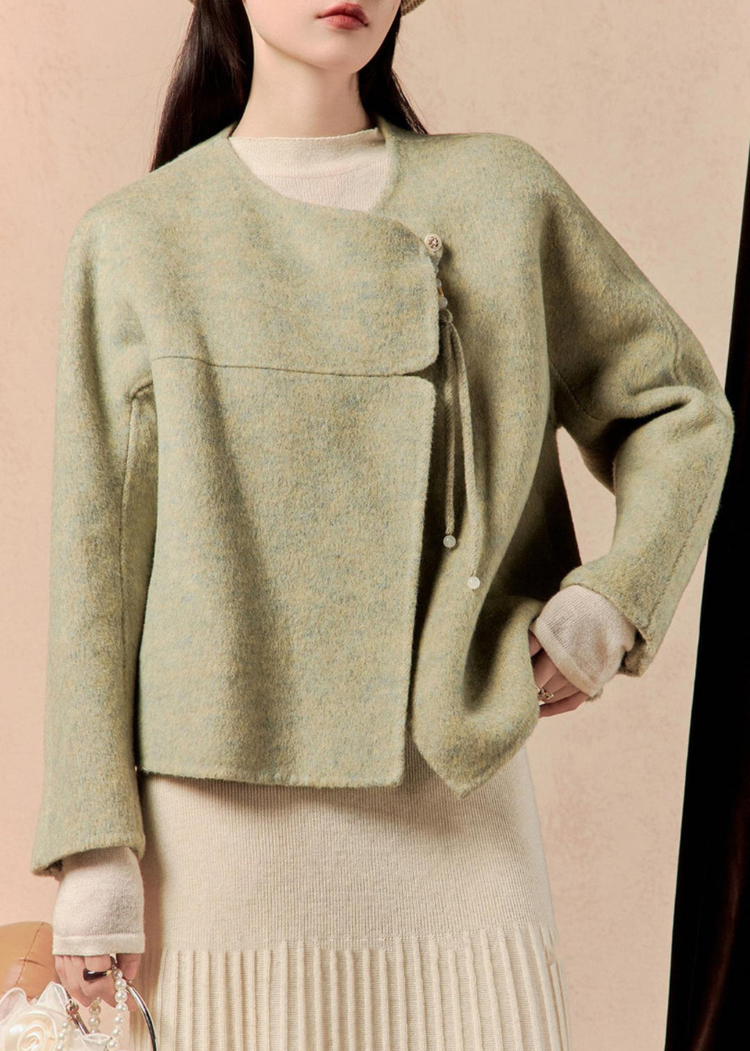 Loose Green O-Neck Tasseled Woolen Coats Winter