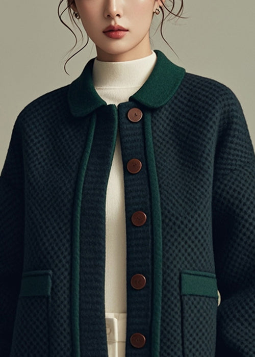 Loose Green Peter Pan Collar Button Pockets Cotton Coats Winter