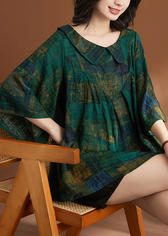 Loose Green Peter Pan Collar Print Shirt Short Sleeve