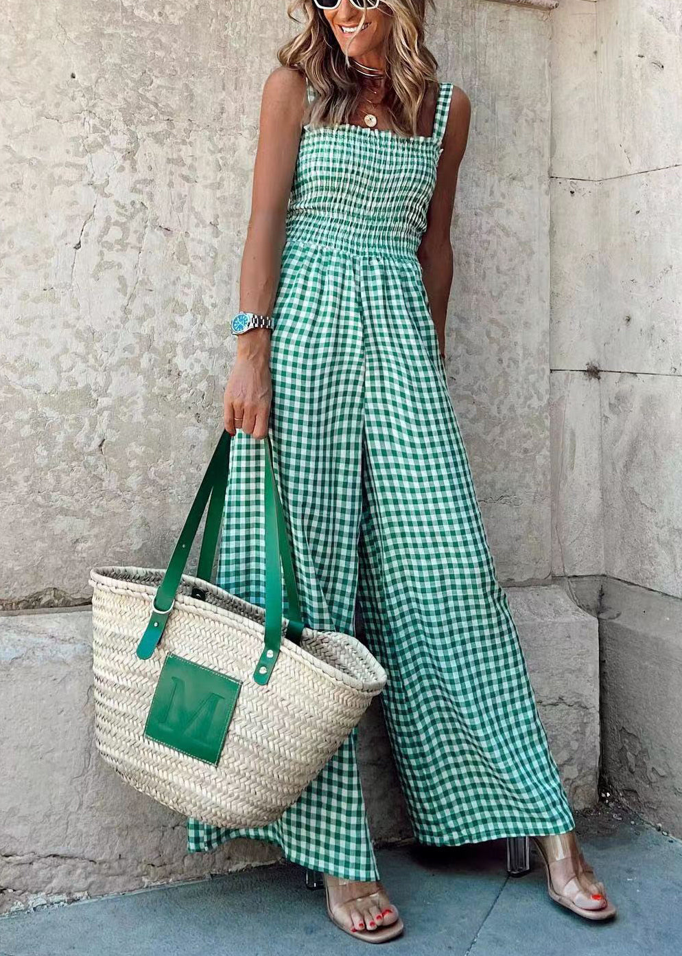 Loose Green Plaid High Waist Cotton Jumpsuits Sleeveless