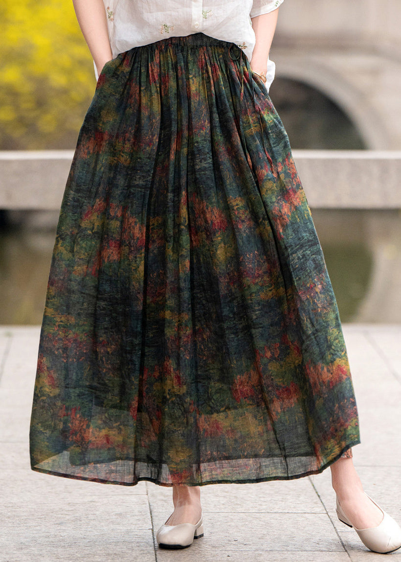 Loose Green Pockets Print Elastic Waist Linen Skirt Summer