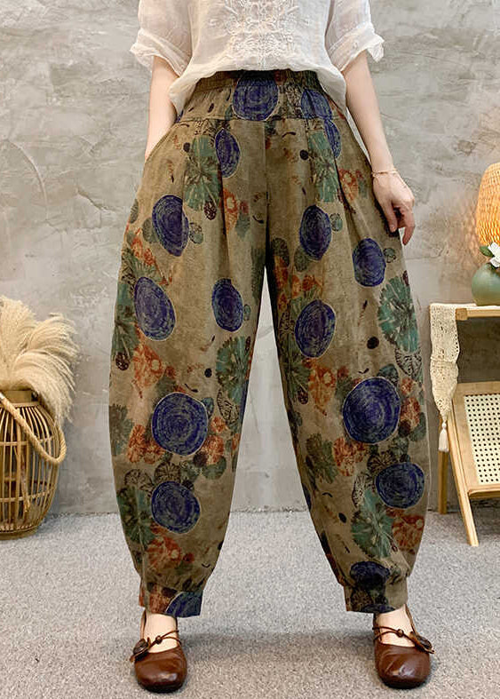 Loose Green Print Elastic Waist Cotton Crop Pants Summer