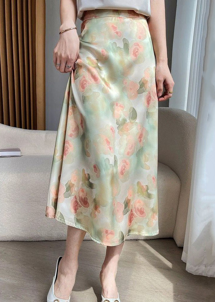 Loose Green Print High Waist Silk Skirt Summer