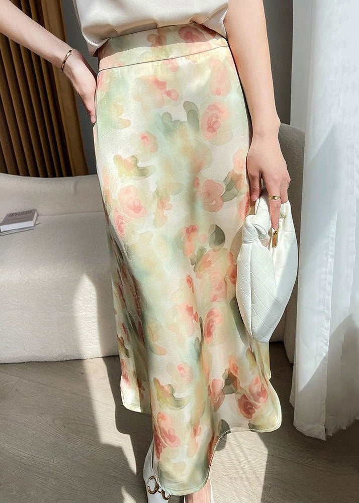 Loose Green Print High Waist Silk Skirt Summer