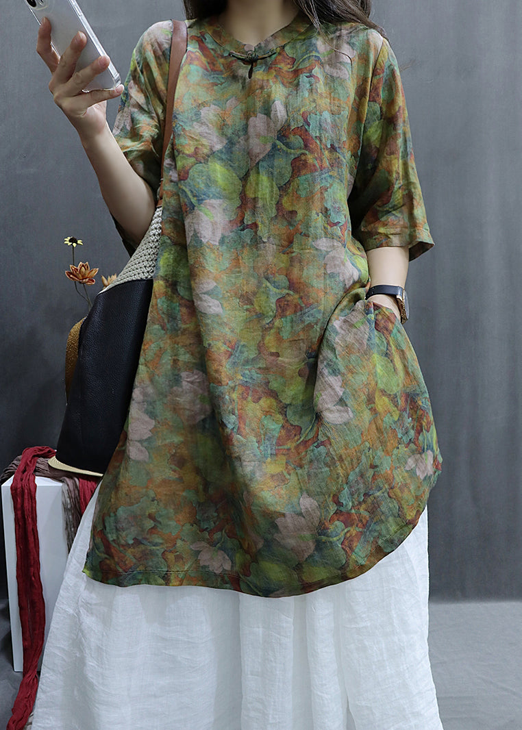 Loose Green Print Side Open Linen Shirts Half Sleeve