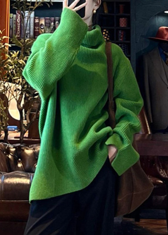 Loose Green Turtleneck Side Open Cotton Knit Sweater Spring