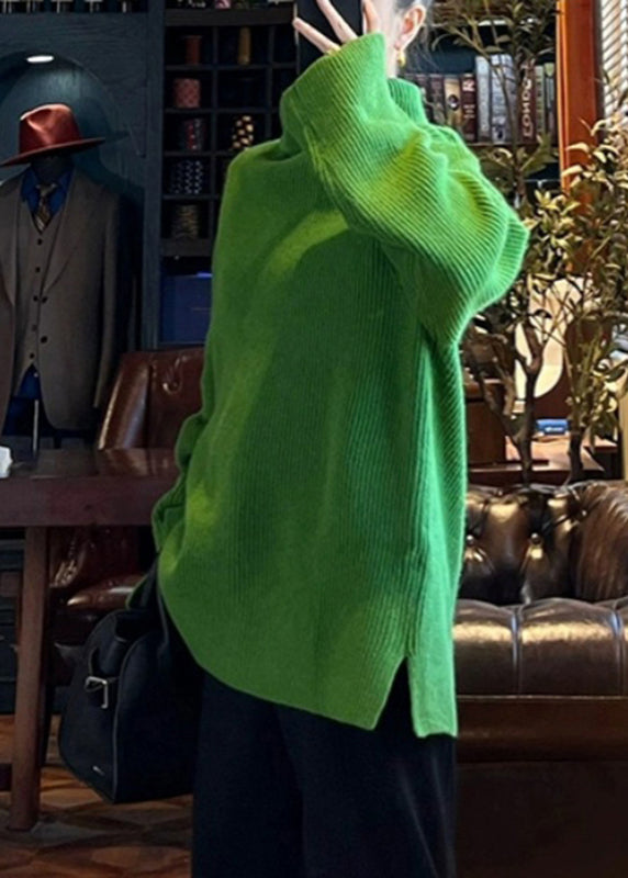 Loose Green Turtleneck Side Open Cotton Knit Sweater Spring